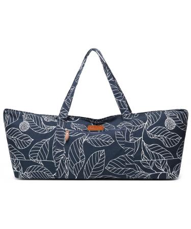 ELENTURE Large Yoga Mat Bag for 1/4 1/3 2/5 1/2-Inch Extra Thick Exercise Yoga Mat, Exercise Yoga Mat Tote Sling Carrier with Mat Carrying Strap and Large Pocket for Women Men Navy Blue Leaves