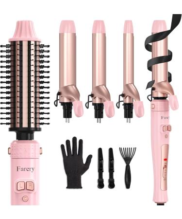 4-in-1 Interchangeable Automatic Rotating Curling Iron & Thermal Brush Set - Pink | Instant Heat 410 F for Effortless Curls - Buy Online on SooperMarket.com
