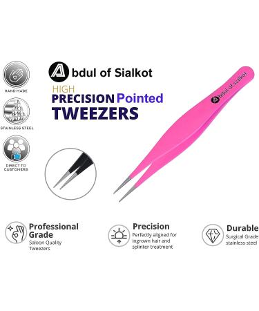 Abdul of Sialkot Pointed Tweezers - Needle Nose Tip, Sharp Precision for Ingrown Hair & Surgical Pointed for Blackheads/Splinters - Best Eyebrow Tweezers (Pink) - Buy Online on SooperMarket.com