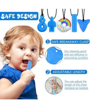 5Pcs Sensory Chew Necklace Blue Teether Chew Toys for Autistic Children | Anxiety Biting Needs Silicone Chewy Teether Toy - Food Grade Silicone for Kids Teething - Buy Online on SooperMarket.com