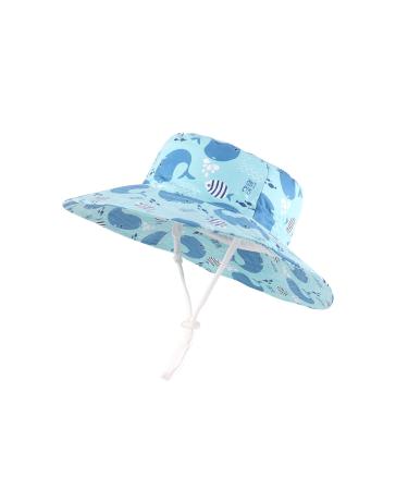 LANGZHEN Beach Sun Protection Hat for Baby Girls Adjustable Toddler Kids Hat Wide Brim Summer Play Hat with Chin Strap Whale -Turquoise 2-4 Years