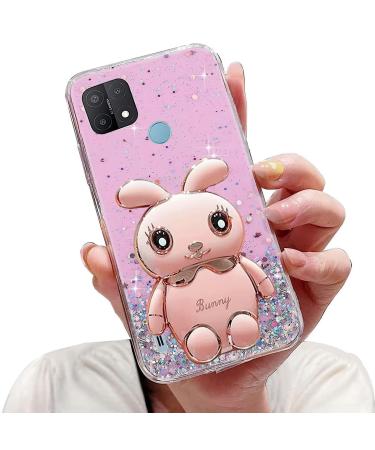 Tivenfezk Nadoli for Oppo Realme C21 Hase Hidden Stand Shell caricature glitter rabbits stand Soft silicone bling cell phone case transparent protective cover Oppo realme c21 pink