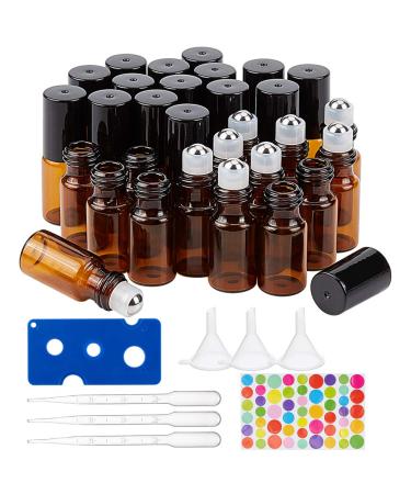 BENECREAT 30 Pack 3ml Bernstein glass Roll bottle with black cap mini brown essential oil roll on bottle with 4 PC funnel 1 PC opener 10 PC droppers and 1 sheet sticker 3 ml amber