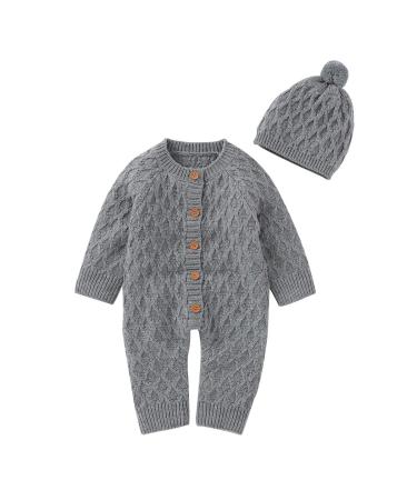 DovFanny Baby Boys Girls Romper Suit Lovely Solid Color Knit Jumpsuit Cute Casual Long Sleeve Winter Warm Outfit Clothes with Hat for Newborn Baby 3-6 Months Grey