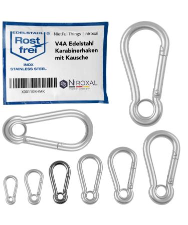 Stainless steel Karabiner hooks with a cane v4a robust design of 4-12mm material thickness different quantities available.
