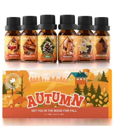 SNOWSEN Autumn Set of 6 Premium Fragrance Oils - Apple Spice Pumpkin Pie Pine Cinnamon Vanilla Snickerdoodle - Fragrance Oils for Diffuser Candle & Soap Making 6x10ML