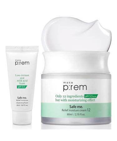 MAKEP:REM Relief Moisture Cream for Dry Sensitive Skin - 2.70 Fl Oz. & Low-irritant and mild acid foam - 0.67 Fl Oz.