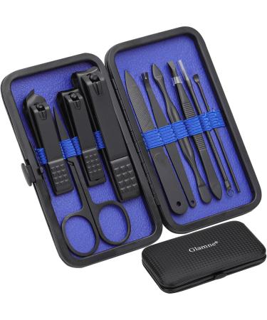 Glamne Manicure Set Nail Clippers Set Professional Stainless Steel Nail Care Tools with Leather Travel Case 10 in 1 Blue