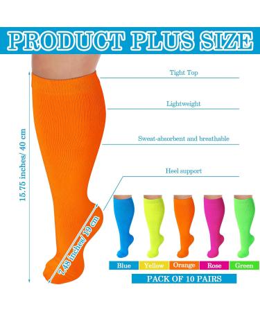 10 Pairs Plus Size Neon Over The Calf Socks | Extra Wide Knee High Socks for Diabetic & Lymphedema | Unisex Athletic Socks in 5 Colors - Buy Online on SooperMarket.com