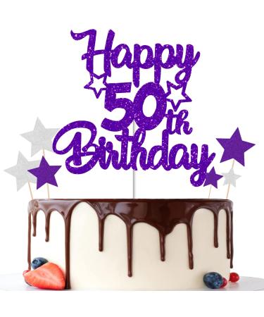 Gidobo Happy 50th Birthday Cake Toppers Purple Glittery Cake Decorations with Stars Fifty Years Old Birthday Party Supplies for Women
