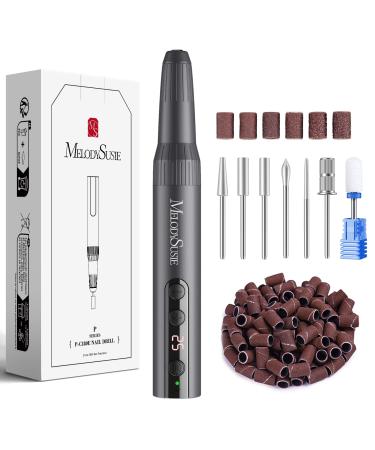 MelodySusie Rechargeable Cordless Electric Nail Files PC180E 25000RPM Portable Nail Drill for Acrylic Gel Dip Powder Nails Efiles 25 Speeds with Nail Drill Bits Sanding Bands Dust Brush Grey