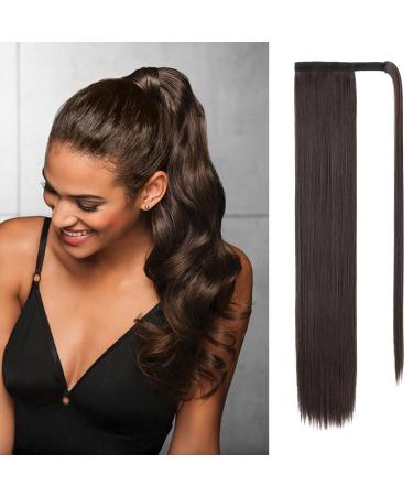 Silk-co Clip in Ponytail Wrap Around Hairpiece Straight Pony Tail Hair Clip on Extension 28 Long hair smooth Heat-Resisting Fiber Hairpiece for Women Dark Brown 28 Inch Dark Brown