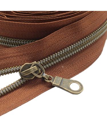 MebuZip 5 Antique Brass Metallic Nylon Coil Zippers by The Yard Bulk Coil Zipper Roll 10 Yards with 25pcs Pulls for DIY Sewing Craft Bags (Brown) Antique Brass Brown