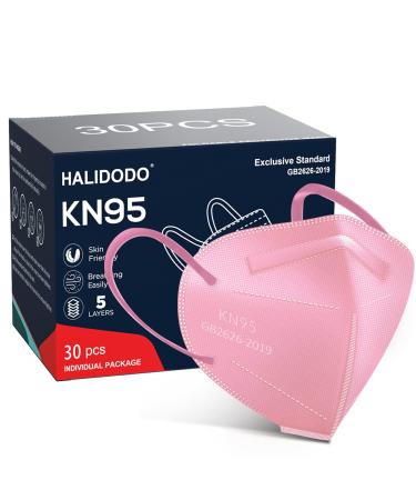 HALIDODO 30 Packs KN95 Face Mask 5-Plyers Protection Cup Dust Face Mask Breathable Protection Mask for Women Man Pink