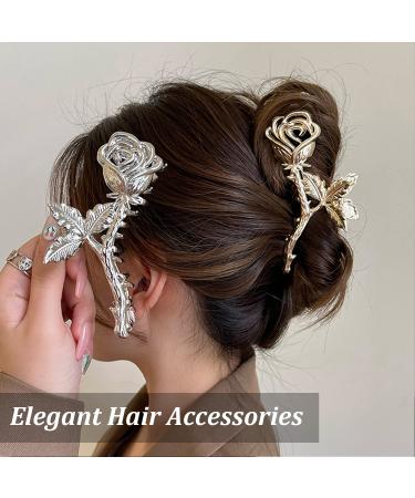 2Pcs Metallic Rose Hair Claw Clips - Medium Size Elegant Floral Barrettes for Women with Thick or Thin Hair - Strong Hold and Stylish Hair Accessory - Buy Online on SooperMarket.com