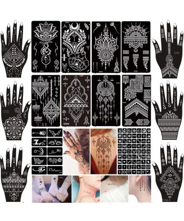 XMASIR 16 Sheets Temporary Henna Tattoo Kit  87 Pcs Reusable Tattoo Stencils Sets Indian Arabian Temporary Tattoo Templates Kit for Body Hand Art Black1-16pcs