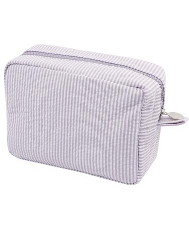 Seersucker Cosmetic Bag, Large Makeup Pouch Travel Toiletry Case with Zipper Closure Seersucker Cosmetic Organizer for Women Girls, Purple