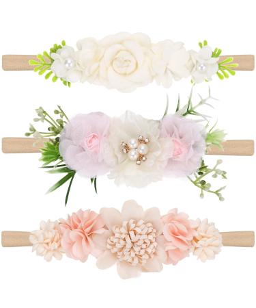 3 pieces baby hair band floral elastic headband pearl rhinestone girl headbands soft newborn toddler hair accessories (sparkling wine)