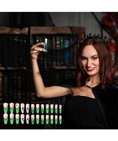 Halloween Press on Nails Halloween Press on Nails Medium Horror Ghost and Skull Halloween Fake Nails 24PCS Coffin French Tip False Nails with Gel Glue - Buy Online on SooperMarket.com