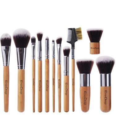 EmaxDesign 12 Pieces Makeup Brush Set Professional Bamboo Handle Premium Synthetic Kabuki Foundation Blending Blush Concealer Eye Face Liquid Powder Cream Cosmetics Brushes Kit With Bag