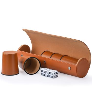 Party Games Leather Dice Cup Set, 5 Leather Dice Cups + 25 Dice + Exclusive Storage and Transport Case Made of Faux Leather with Magnetic Closure
