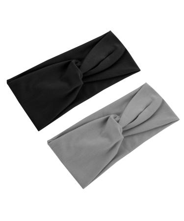 WLLHYF 2PCS Turban Headbands for Women Wide Headbands Head Wraps Stretch Turban Knotted Hairbands Fashion Hair Bands for Girls Cute Hair Accessories Yoga Running Sport(black/grey) 2pcs-black/grey