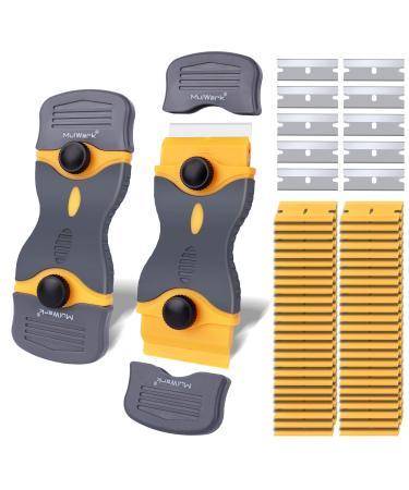 MulWark Razor Blade Scraper | 2Pack Razor Scraper Set w/ Extra 50Pcs Plastic&10Pcs Metal Blades, Cleaning Scraper Tool - Window Scraper, Glass Scraper, Blade Scraper, Paint Scraper, Oven Scraper 2 Scraper 50+10 Blades