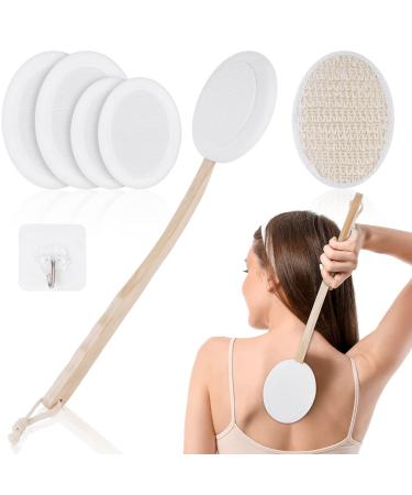 URAQT Lotion Applicator for Back  7 Piece Set Back Cream Applicator  2 in 1 Body Brush Back Scrubber for Self Application  Long Wooden Handle Back Applicator with 4 Pads  Bath Brush and Hook White