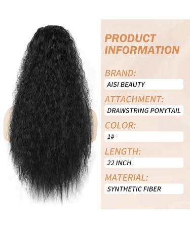 AISI BEAUTY 22 inch Long Curly Drawstring Ponytail Extension for Women | Clip in Wavy Natural Ponytail | (1B) - Buy Online on SooperMarket.com