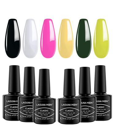 LagunaMoon Gel Nail Polish Set - 6 Colours Neon Pink Yellow Lime Green Black White High-Shine Kit Nail Gel Polish for Salon Quality DIY Nails - UV LED Soak Off Lacquer Kit Varnish Manicure & Pedicure Glossy & Bossy | Salon-Grade Polish
