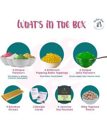 Boba Bar London | Happy Bundle Milk Bubble Tea Kit | 4 Milk Tea Flavours | 4 Boba & Jelly Toppings | Tapioca Pearls | 4 Bamboo Straws | 4 Tea Bags | Boba Bar London | Happy Bundle Milk Bubble Tea Kit | 4 Milk Tea Flavours | 4 Boba & Jelly Toppings | Tapio - Buy Online on SooperMarket.com