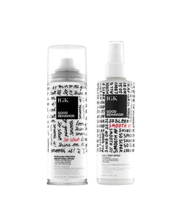 IGK GOOD BEHAVIOR Set | 4-in-1 Prep Spray + Spirulina Protein Smoothing Spray | Frizz Control + Heat Protectant | Vegan + Cruelty Free Good Behaviour 5.6 Fl Oz + 7 Fl Oz (Pack of 2)