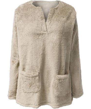 AMhomely Women's Double Fleece Hoodie | Plus Size Soft Teddy Fleece Jumper | V Neck Sweatshirt with Pocket | Winter Lounge Top | Khaki XXL - Buy Online on SooperMarket.com