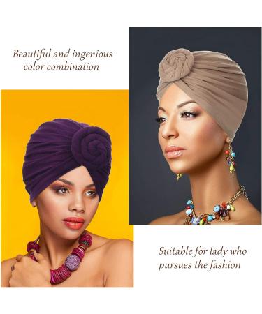 SATINIOR African Pattern Headwrap Set - Pre-Tied Bonnet Turban Knot Beanie Cap in Purple, Black, Navy, Camel - 4 Pieces - Buy Online on SooperMarket.com