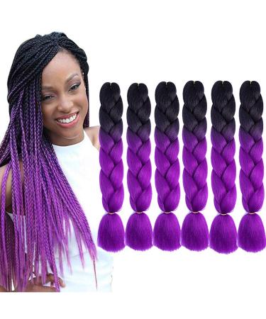 Ombre BraIDing Hair Pupre Braiding Hair Extensions 6Pcs Synthetic 24 Inch 2 Tone Jumbo Braiding Hair Black to Purple Crochet Braiding Hair 100g (Black to Purple) B26