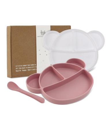 Silicone Baby Suction Plate Toddler Self Feeding Plates Children's Plate with Lid and Spoon Kid Divided Weaning Plate Dinnerware Set with Gift Box BPA Free & Dishwasher Safe (Pink)