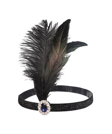 Vintage 1920s Flapper Headband Beaded Tassel Feather Headband Headpiece Black Feather Plastic Glass Hair Band Hair Accessories for Women Ladies Brides Wedding Party Fancy Dress Costume Headwear Black with Gem