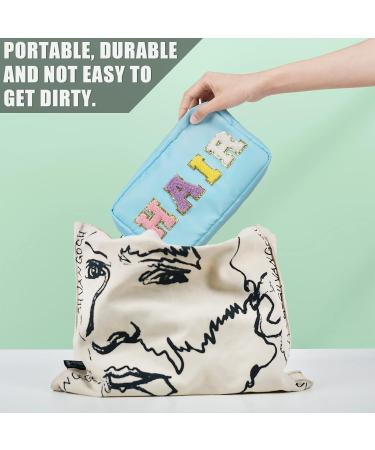 Nylon Waterproof Preppy Makeup Bag - Girls Chenille Letter Portable Travel Organizer for Toiletries and Cosmetics Storage (Blue Hair) - Patches Included - Buy Online on SooperMarket.com