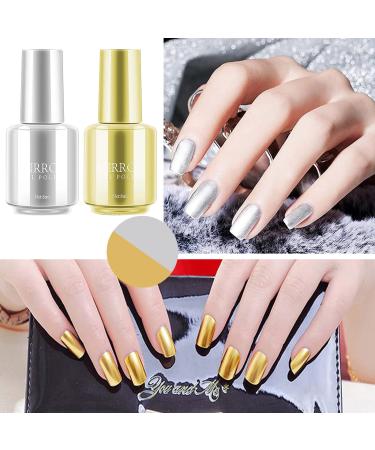 U-Shinein 2 Colors Holographic Mirror Nail Polish  Golden Silver Gel Nail Polish Glitter Gel for Nail Art Gel Soak Off DIY Nail Art Manicure Color 02
