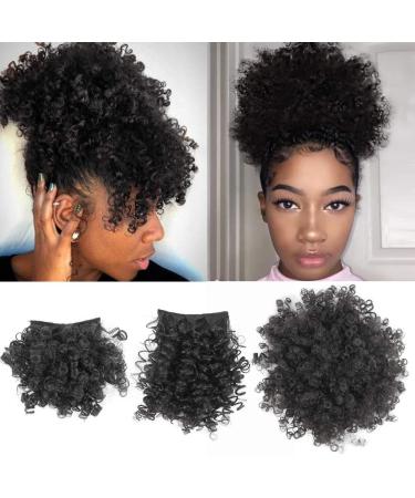 Afro Puff Drawstring Ponytail with Bangs Pineapple Updo Hair for African American Women Short Kinky Curly Ponytail Bun with 2 Replaceable Bangs(#1B-Black) 1 ponytail+ 2 bangs 1B