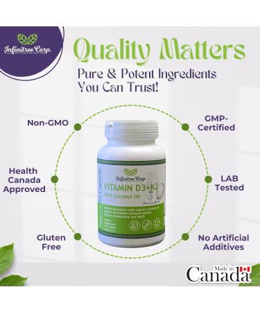 Infinitree Vitamin D3 (1000iu) + K2 (MK-7 / 120mcg) with Virgin Coconut Oil - 120 Softgels Immune Support Bone & Teeth Health High Absorption Made in Canada - Buy Online on SooperMarket.com