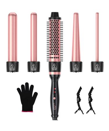 5 in 1 Curling Iron Curling Wand Set with Curling Thermal Brush&4 Interchangeable Ceramic Curling Wand(0.4"-1.25") Long Lasting Curls Hair Iron Crimper Instant Heat Up Hair Curler with Glove&2 Clips