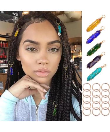 Formery Crystal Hair Jewels for Braids Gold Natural Stone Loc Jewelry for Hair African Colorful Gemstone Coiling Dreadlock Accessories for Black Women (Pack of 5)
