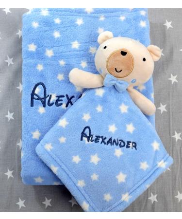 BotoBaby GIFT SET Baby blanket embroidered with name and date + comforter with name gift birth baptism (blue - teddy bear)