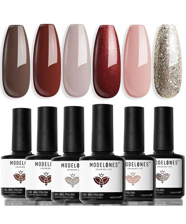 modelones Holiday Gel Nail Polish Set 6 Colors Brown Dark Red Gel Polish Kit Glitter Champagne Gold Nude Pink Grey Nail Polish Gel Soak OFF LED Manicure Nail Art DIY Home Salon Gift for Women live in luxury 1.25 ml (Pack of 6)