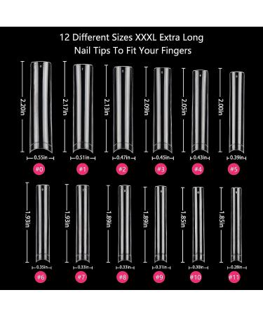 240Pcs XXXL Clear No C Curve Acrylic Nail Tips - Extra Long Tapered Square Straight Half Cover French Nail Extension False Nails for Manicure Nail Art - 12 Sizes - Buy Online on SooperMarket.com