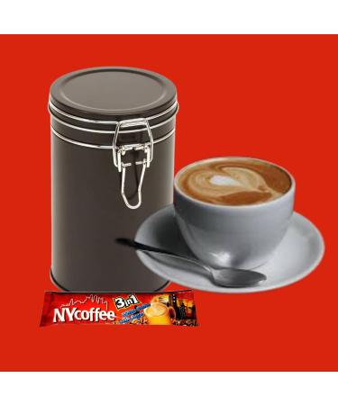 NY 3-in-1 White Coffee Sachets Individually Wrapped with Sugar 10 x 14g Bundle with Black Refillable Cannister and Latte Spoon Set for Home Desk or Travel - Buy Online on SooperMarket.com