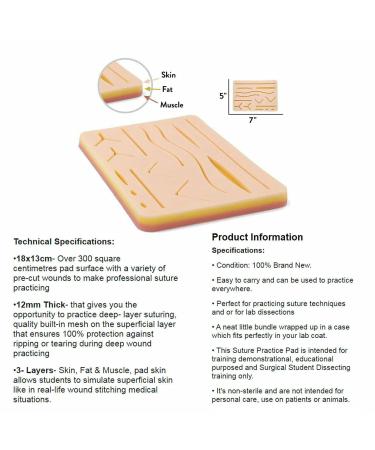 Suture Practice Pads 3 Layer with 14 Wounds - 5x7 Suture Practice Kit for Medical Training by Students and Veterinarians - Buy Online on SooperMarket.com