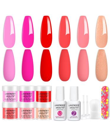 Lavender Violets 12 Pcs Dip Powder Nail Kit 6 Colours Nude Pink Shimmer Salmon Bright Red Dipping Powder Liquid Set with Base & Top Coat Activator Starter French Nail Art Manicure M208