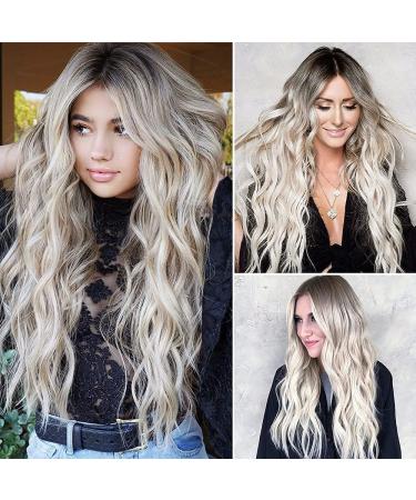 Long Wavy Wig Ombre Platinum Blonde Wigs for Women 24 Inch Middle Part Curly Synthetic Hair Natural Looking Heat Resistant Fiber for Daily Party Use (Ombre Platinum Blonde) - Buy Online on SooperMarket.com